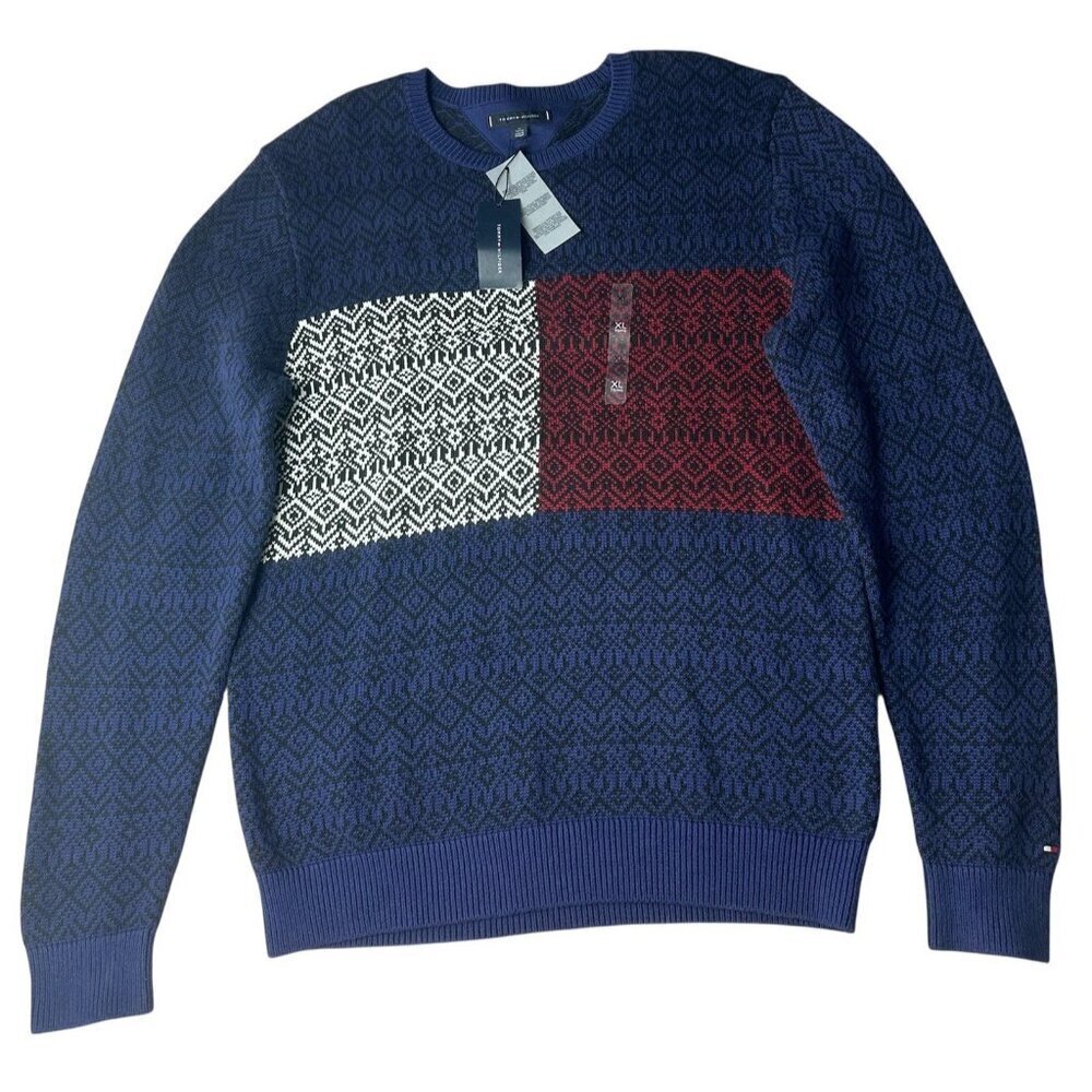 Tommy Hilfiger Sweater Mens XL Navy Fair Isle Flag Crewneck Pullover Cotton NWT